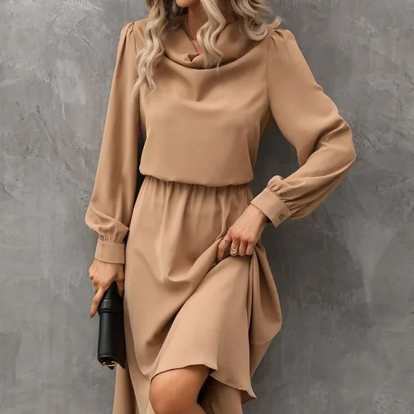 Brand new Draped Collar Bishop Sleeve Dress Camel - Picture 6 of 9